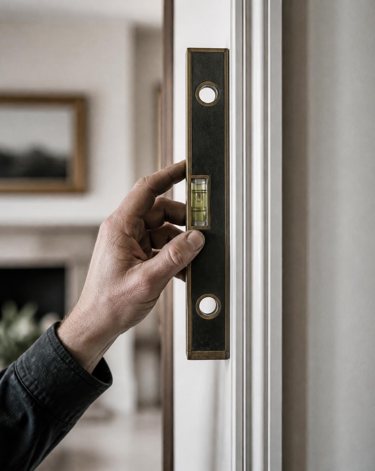 Spirit level held against a freshly painted door architrave during a London refurbishment