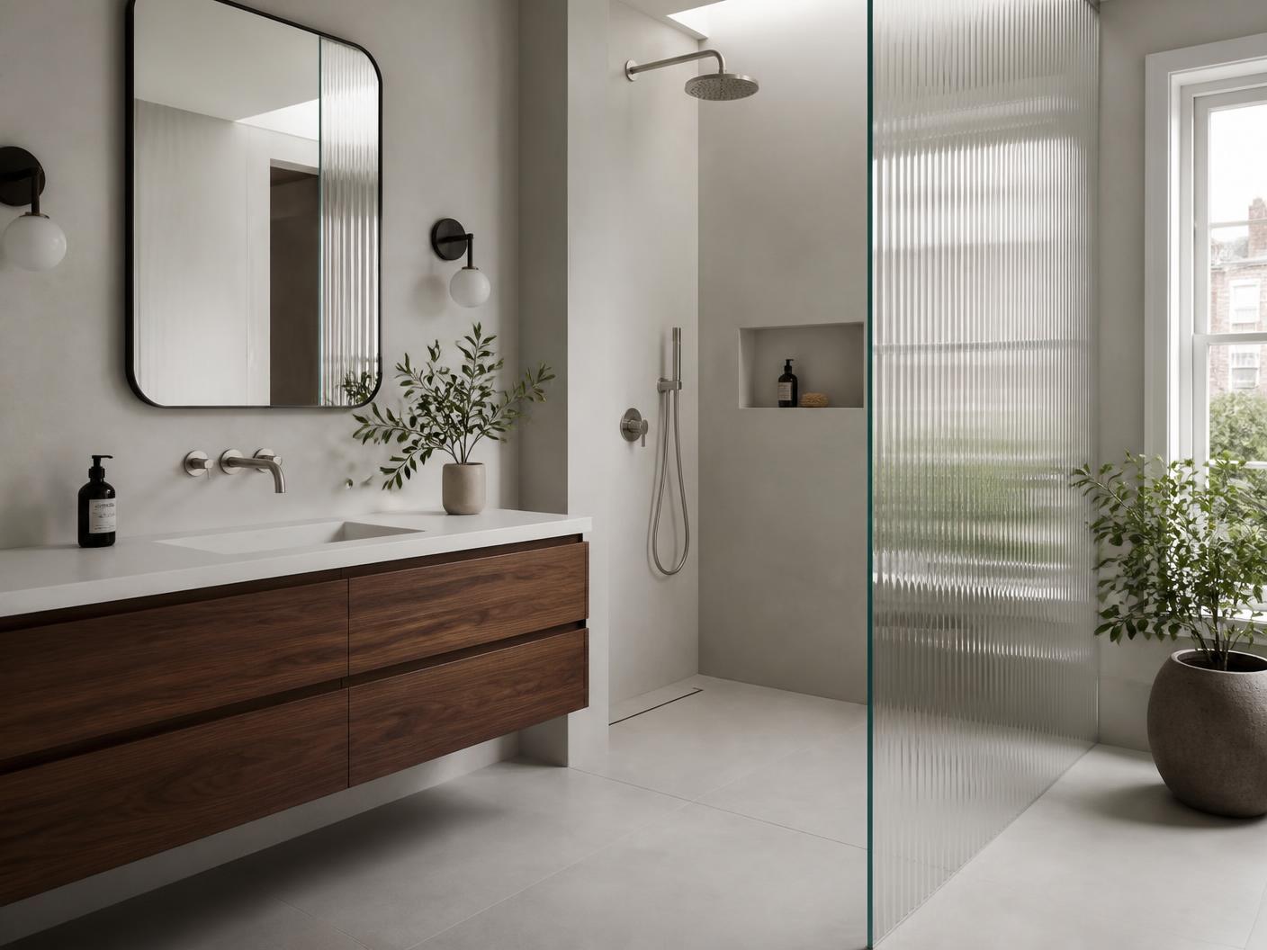 Modern London bathroom with walk-in shower, fluted glass and walnut vanity