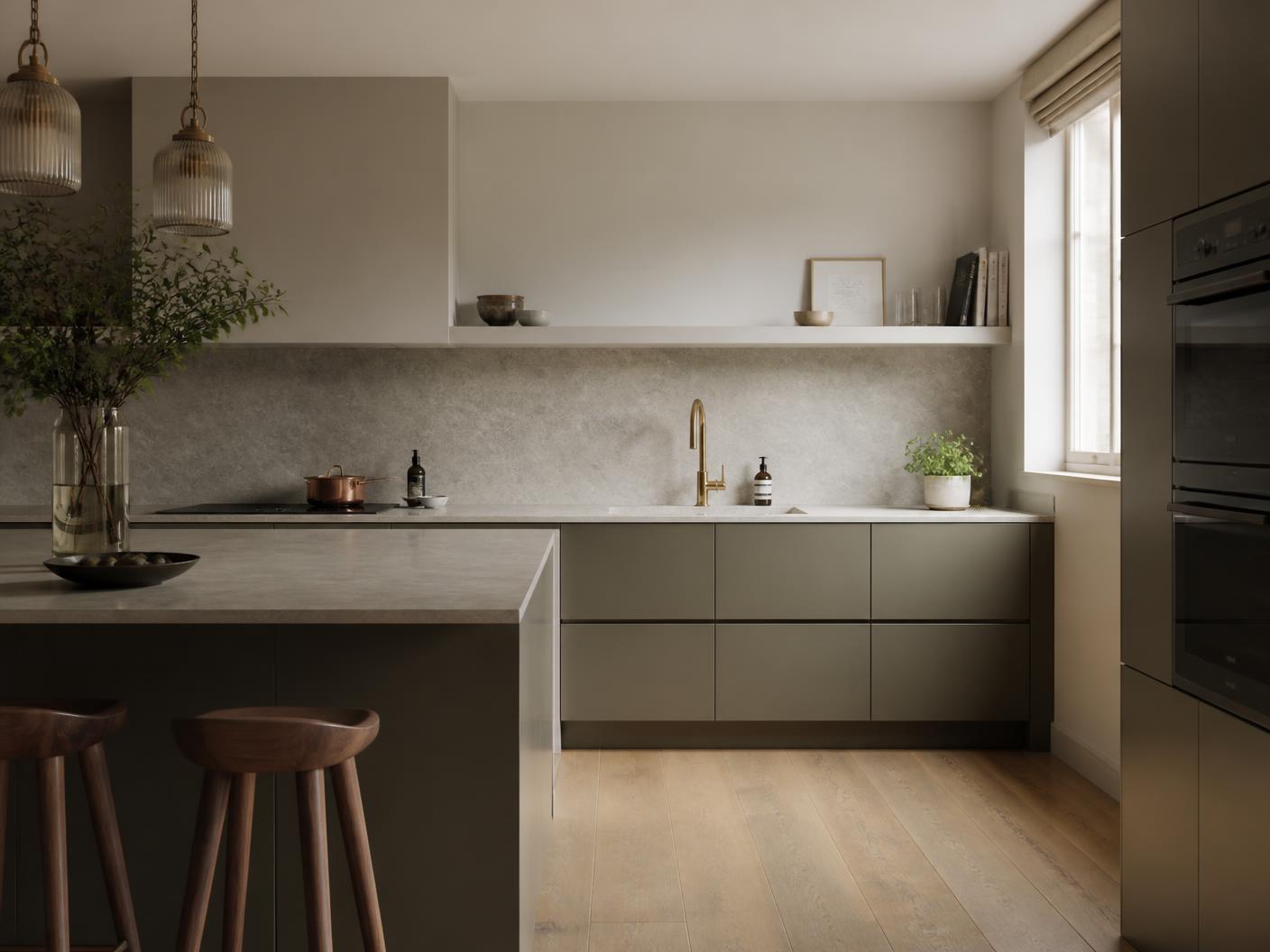 Contemporary London kitchen with handleless olive cabinetry and honed stone worktop